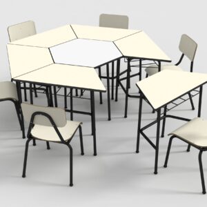 Conjunto Infantil Sextavado (6 cadeiras, 6 carteiras e 1 mesa de centro) - Branco/ovo