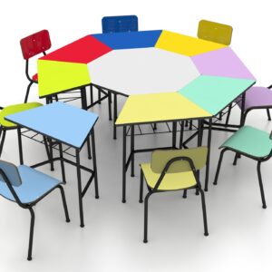Conjunto Infantil Oitavado (8 cadeiras, 8 carteiras e 1 mesa de centro) - Colorida